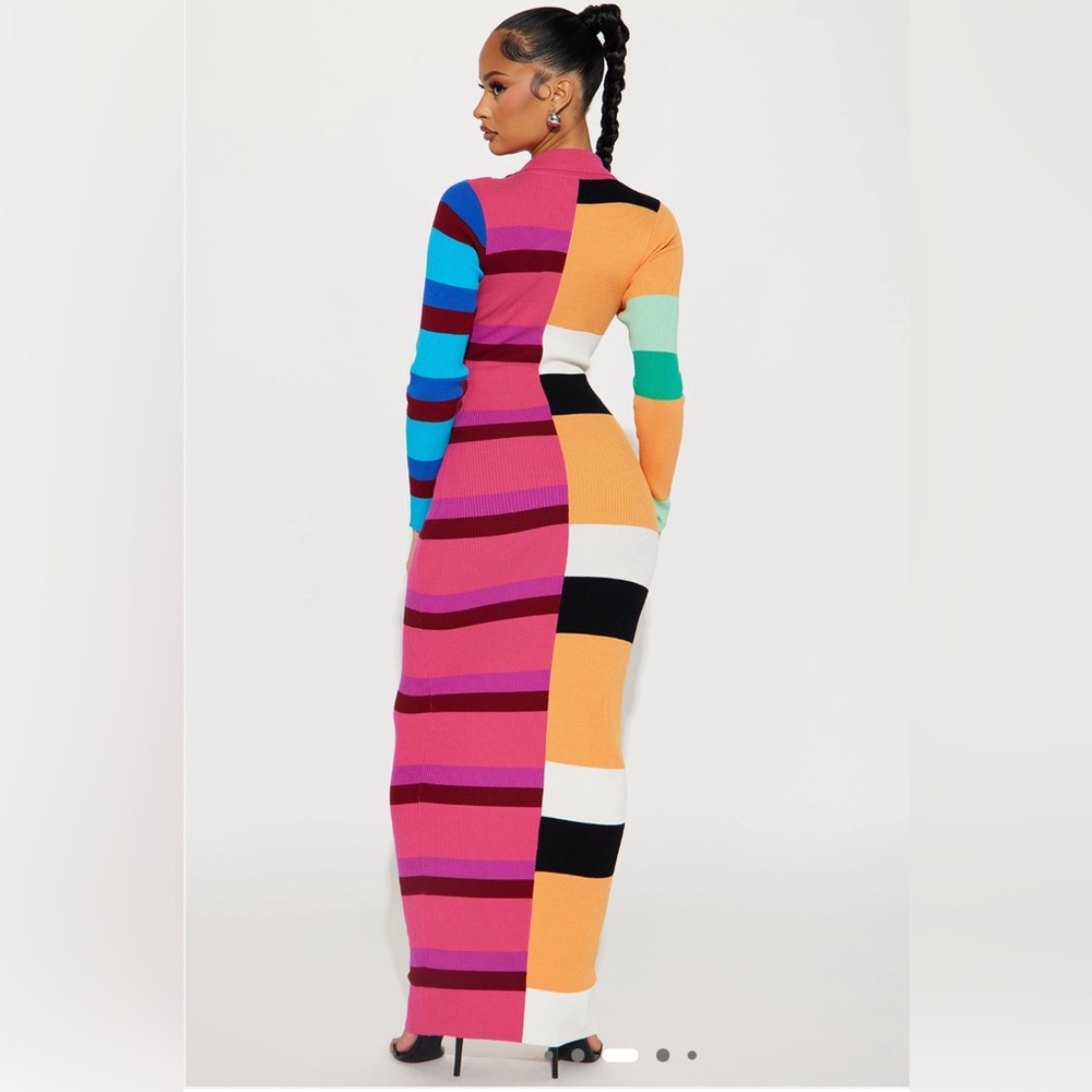 Fashion Nova Peri Colorful Button Up Striped Knit Long Sleeve Maxi Dress Sz 1XL - Picture 3 of 17